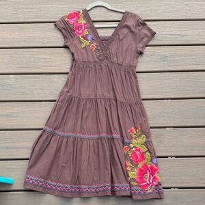 Johnny Was Brown Dress with Pink and Red Floral Embroidery